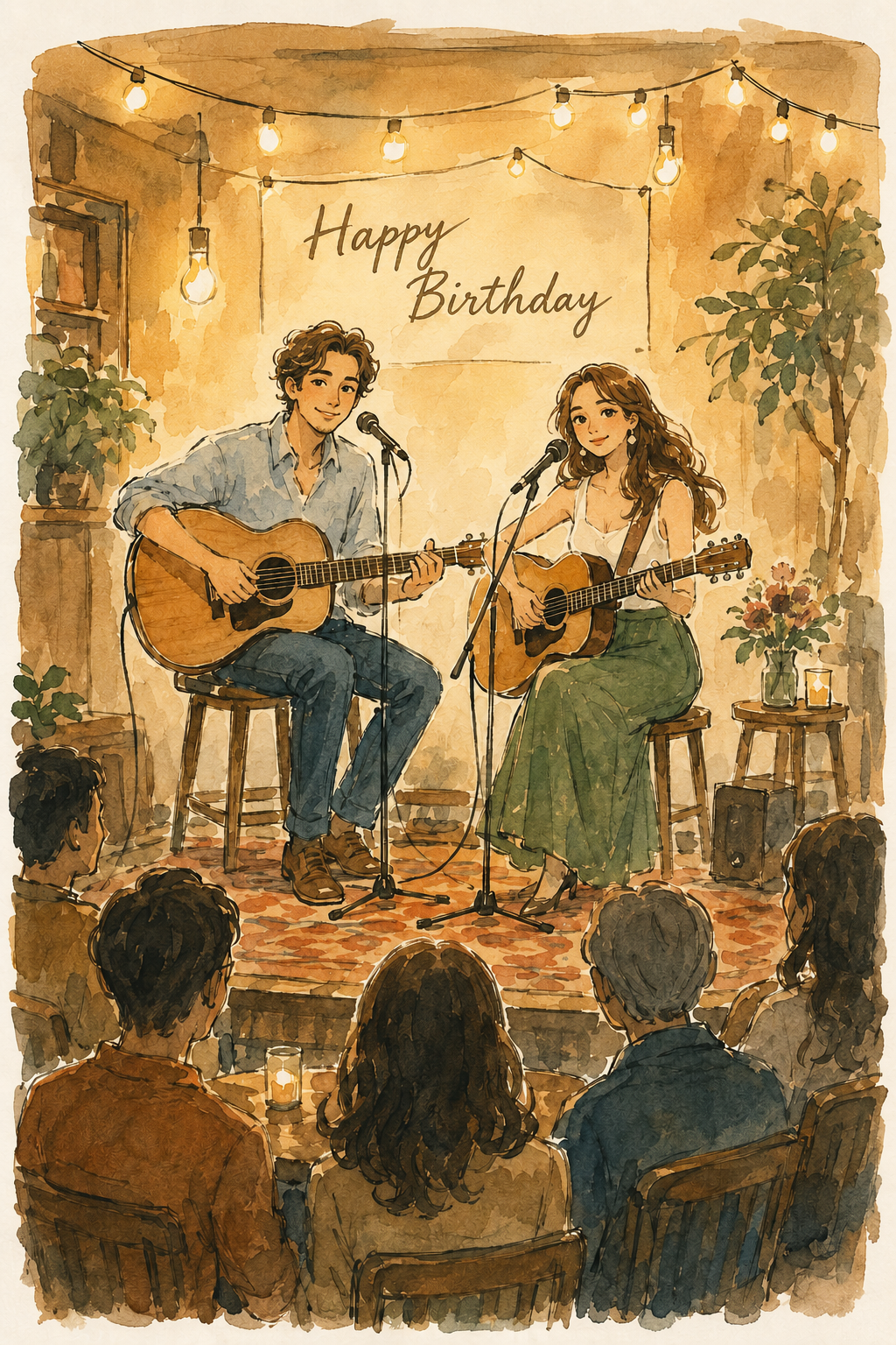 A musical duo singing happy birthday